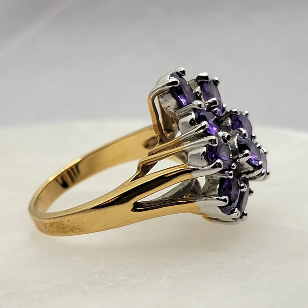 Vintage Gemstone Cluster Cocktail Ring  Amethyst Gold Tone